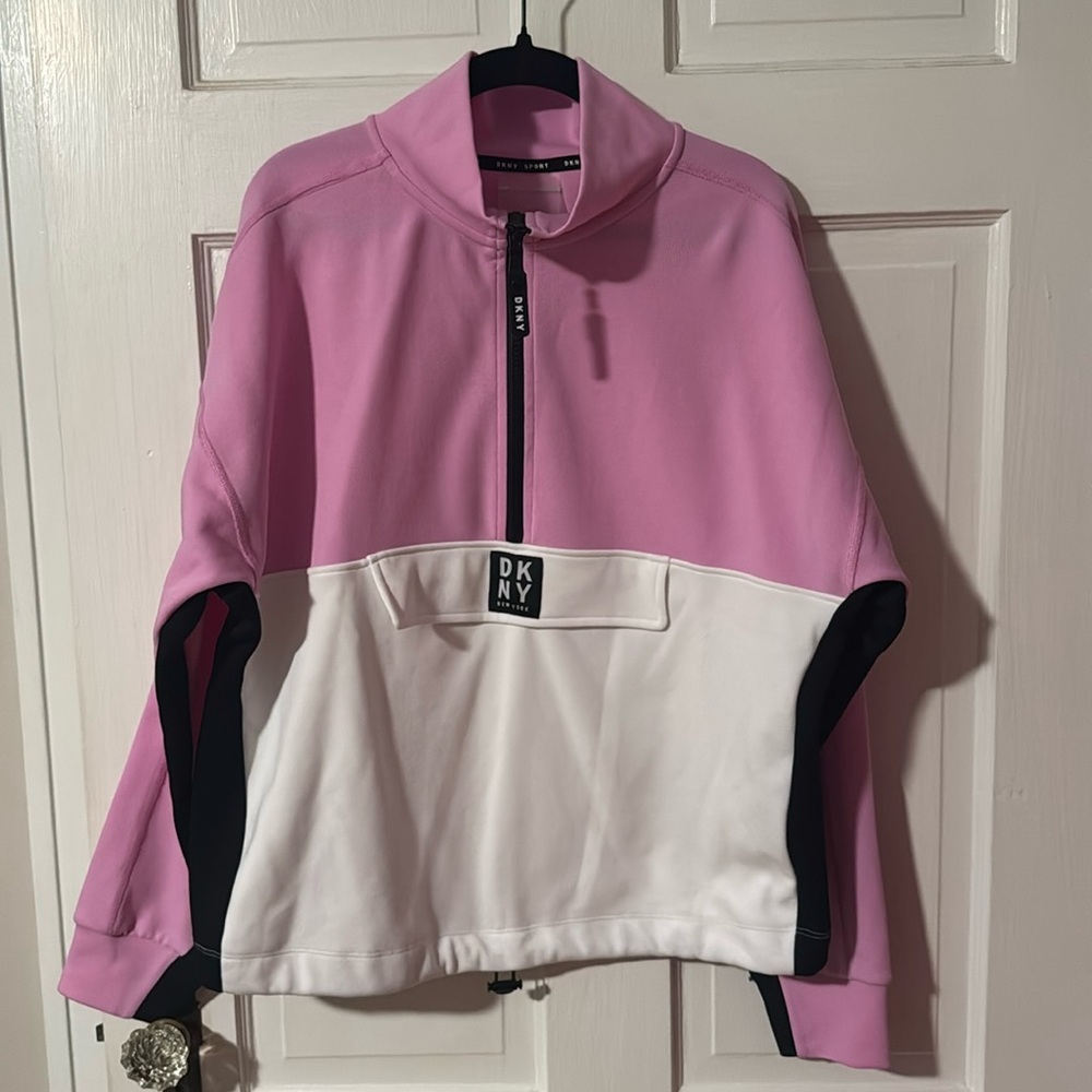 DKNY Sport 1/2 Zip Pink White Black Middle Pocket Bottom Drawstring Pullover M